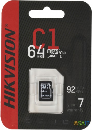 Флеш карта microSDXC 64GB Hikvision HS-TF-C1(STD)/64G/ZAZ01X00/OD w/o adapter