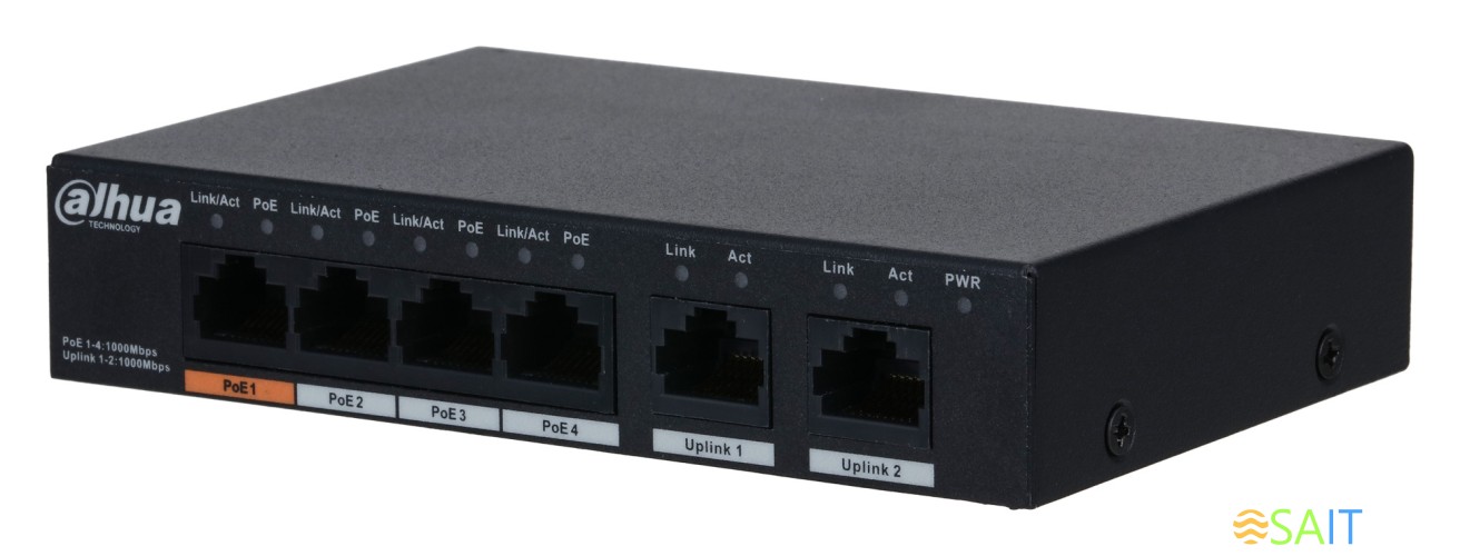 Коммутатор Dahua DH-PFS3006-4GT-60 (L2) 4x100Мбит/с 3PoE+ 1PoE++ 60W неуправляемый