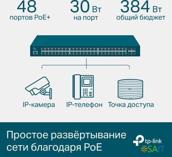 Коммутатор TP-Link SG3452P (L2+) 48x1Гбит/с 4SFP 48PoE+ 384W управляемый
