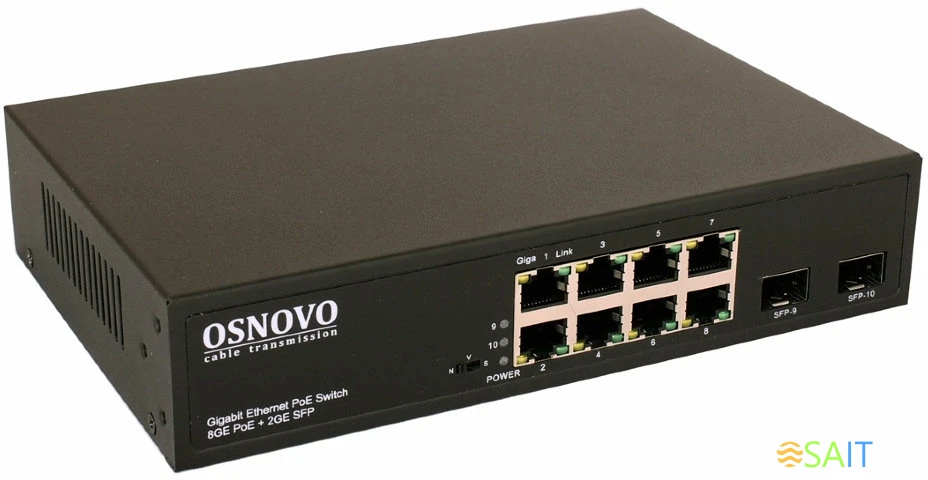 Коммутатор Osnovo SW-80802(150W) 7x1Гбит/с 2x10Гбит/с 8PoE 150W неуправляемый