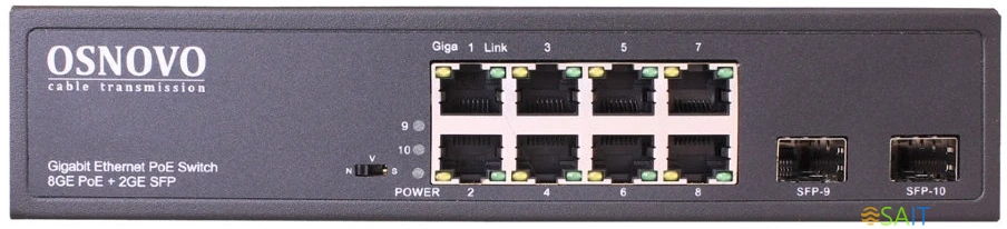 Коммутатор Osnovo SW-80802(150W) 7x1Гбит/с 2x10Гбит/с 8PoE 150W неуправляемый