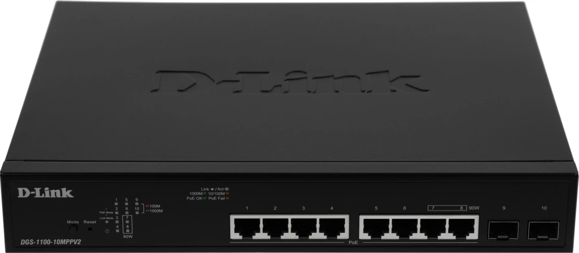 Коммутатор D-Link DGS-1100-10MPPV2/A (L2) 8x1Гбит/с 2SFP 8PoE+ 242W настраиваемый