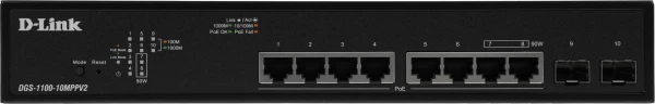 Коммутатор D-Link DGS-1100-10MPPV2/A (L2) 8x1Гбит/с 2SFP 8PoE+ 242W настраиваемый