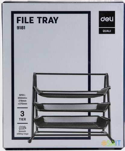 Лоток горизонтальный Deli E9181 для бумаг 350х278х275мм черный металл сетка