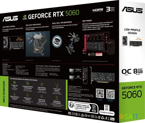 Видеокарта Asus PCI-E 4.0 RTX5060-O8G-LP-BRK NVIDIA GeForce RTX 5060 8Gb 128bit GDDR7 2550/28000 HDMIx1 DPx3 HDCP Ret