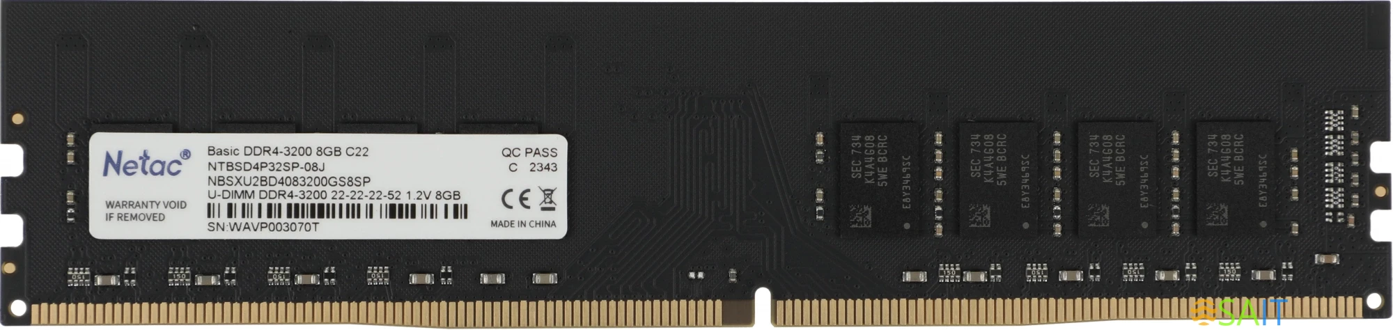 Память DDR4 8GB 3200MHz Netac NTBSD4P32SP-08J Basic RTL PC4-25600 CL22 DIMM 288-pin 1.2В single rank Ret