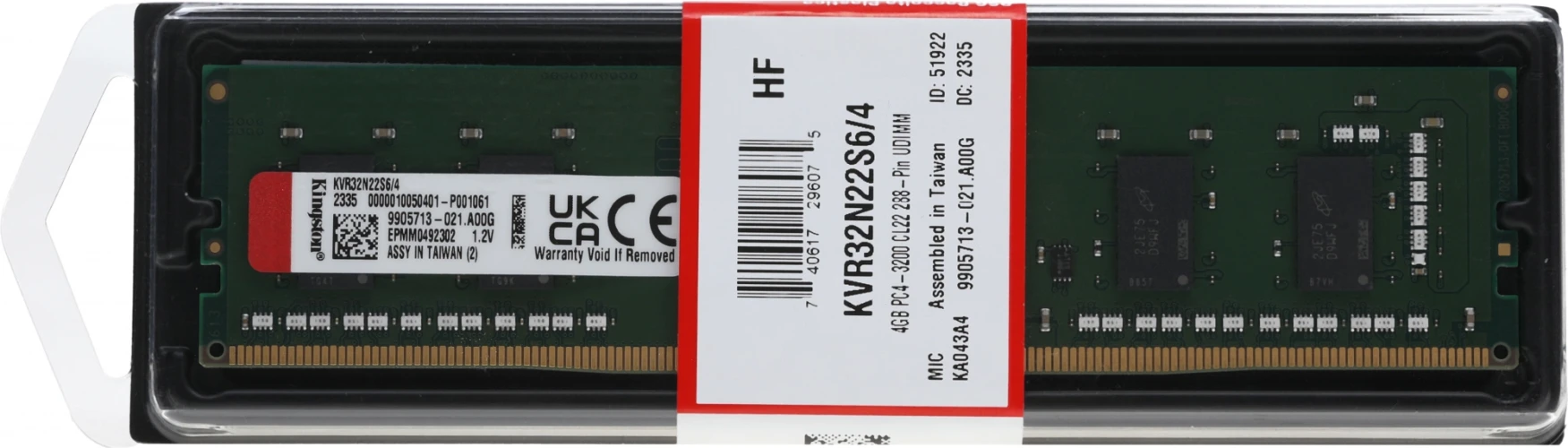 Память DDR4 4Gb 3200MHz Kingston KVR32N22S6/4 VALUERAM RTL PC4-25600 CL22 DIMM 288-pin 1.2В single rank Ret