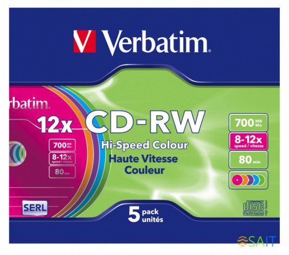 Диск CD-RW Verbatim 700Mb 12x Slim case (5шт) Color (43167)
