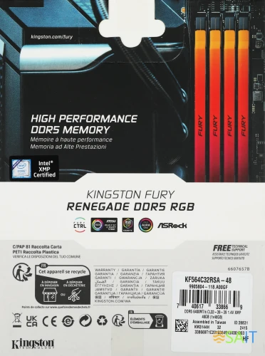 Память DDR5 48GB 6400MHz Kingston KF564C32RSA-48 Fury Renegade XMP RGB RTL Gaming PC5-51200 CL32 DIMM 288-pin 1.4В dual rank с радиатором Ret