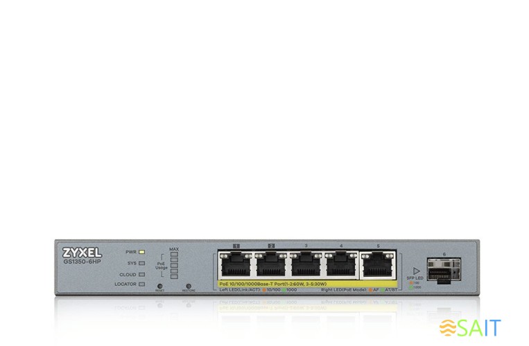 Коммутатор Zyxel GS1350-6HP-EU0101F (L2) 5x1Гбит/с 1SFP 4PoE+ 1PoE++ 60W управляемый