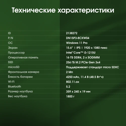 Ноутбук Digma Pro Fortis M Core i3 1215U 16Gb SSD256Gb Intel UHD Graphics 15.6" IPS FHD (1920x1080) Windows 11 Pro grey WiFi BT Cam 4250mAh (DN15P3-ACXW01)