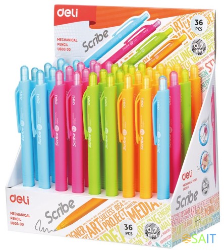 Карандаш мех. Deli EU60300 Scribe 0.7мм трехгран. пластик ассорти дисплей ластик