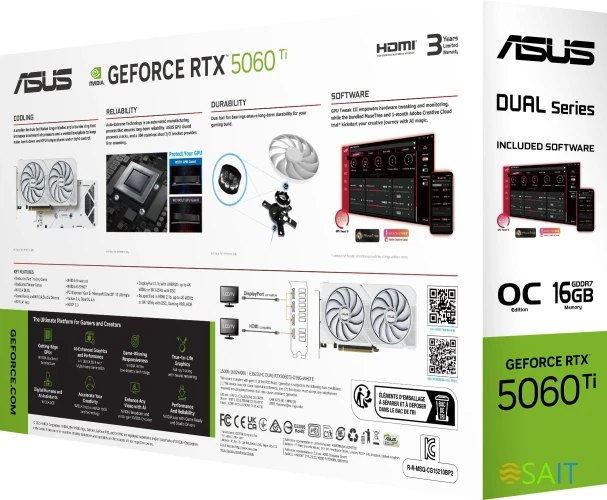 Видеокарта Asus PCI-E 5.0 DUAL-RTX5060TI-O16G-WHITE NVIDIA GeForce RTX 5060TI 16Gb 128bit GDDR7 2602/28000 HDMIx1 DPx3 HDCP Ret