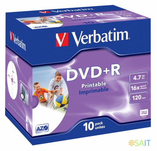 Диск DVD+R Verbatim 4.7Gb 16x Jewel case (10шт) Printable (43508)