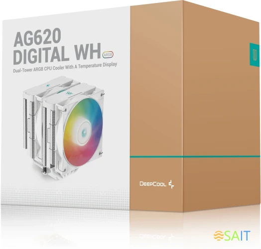 Устройство охлаждения(кулер) Deepcool AG620 Digital ARGB Soc-AM5/AM4/1200/1700/1851 белый 4-pin 29.4dB Al+Cu LCD 260W 1370gr Ret (R-AG620-WHADMN-G-2)