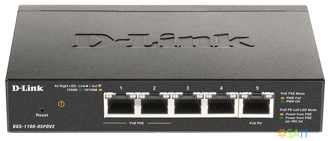 Коммутатор D-Link DGS-1100-05PDV2 5x1Гбит/с 2PoE 18W настраиваемый