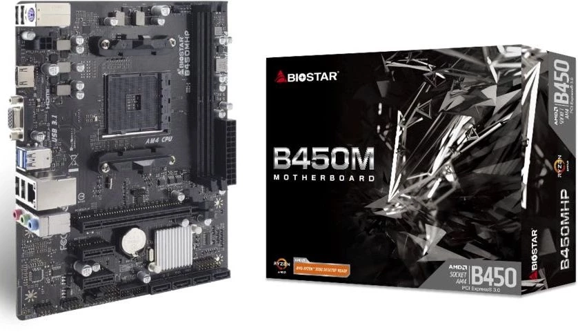 Материнская плата Biostar B450MHP Soc-AM4 AMD B450 2xDDR4 mATX AC`97 8ch(7.1) GbLAN RAID+VGA+HDMI