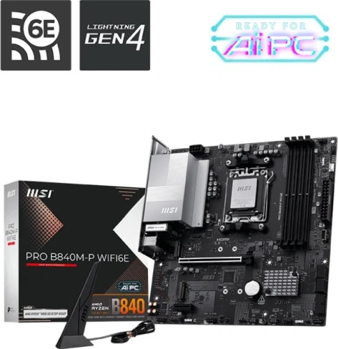 Материнская плата MSI PRO B840M-P WIFI6E SocketAM5 AMD B840 4xDDR5 ATX AC`97 8ch(7.1) 2.5Gg RAID+HDMI