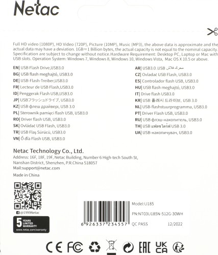 Флеш Диск Netac 512Gb U185 NT03U185N-512G-30WH USB3.0 белый