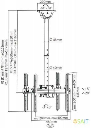 Кронштейн для телевизора Arm Media LCD-1850 черный 26"-65" макс.90кг потолочный поворот и наклон