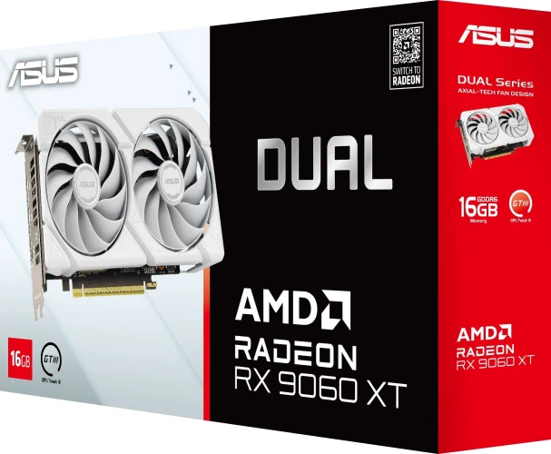 Видеокарта Asus PCI-E 5.0 DUAL-RX9060XT-16G-WHITE AMD Radeon RX 9060XT 16Gb 128bit GDDR6 2620/20000 HDMIx1 DPx2 HDCP Ret