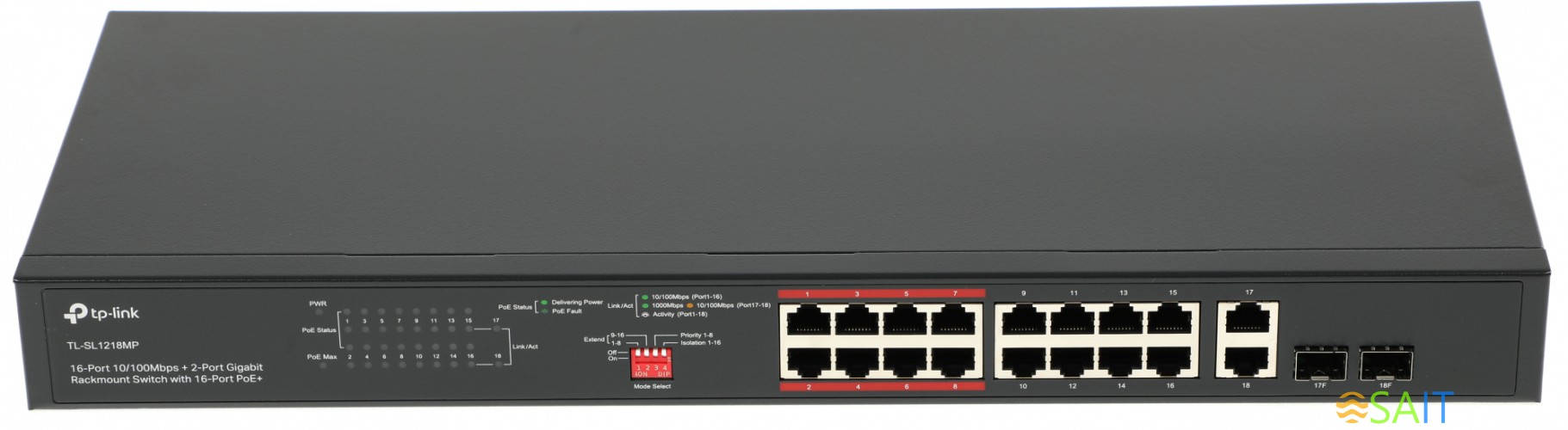 Коммутатор TP-Link TL-SL1218MP (L2) 16x100Мбит/с 2x1Гбит/с 2xКомбо(1000BASE-T/SFP) 16PoE+ 192W неуправляемый