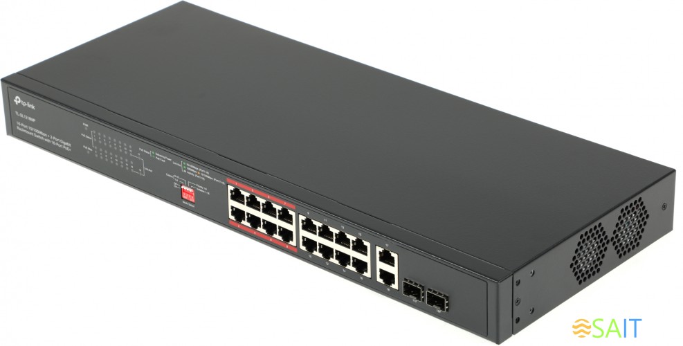 Коммутатор TP-Link TL-SL1218MP (L2) 16x100Мбит/с 2x1Гбит/с 2xКомбо(1000BASE-T/SFP) 16PoE+ 192W неуправляемый