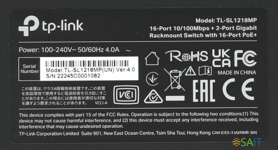 Коммутатор TP-Link TL-SL1218MP (L2) 16x100Мбит/с 2x1Гбит/с 2xКомбо(1000BASE-T/SFP) 16PoE+ 192W неуправляемый