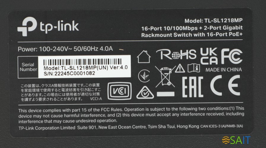 Коммутатор TP-Link TL-SL1218MP (L2) 16x100Мбит/с 2x1Гбит/с 2xКомбо(1000BASE-T/SFP) 16PoE+ 192W неуправляемый