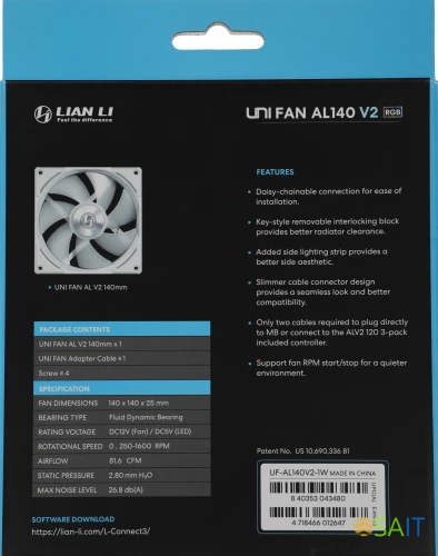 Вентилятор для корпуса Lian-Li Uni Fan ALV2 140 V2 ARGB 140х140x28 белый 4-pin 26.8дБ (G99.14ALV21W.00) Ret