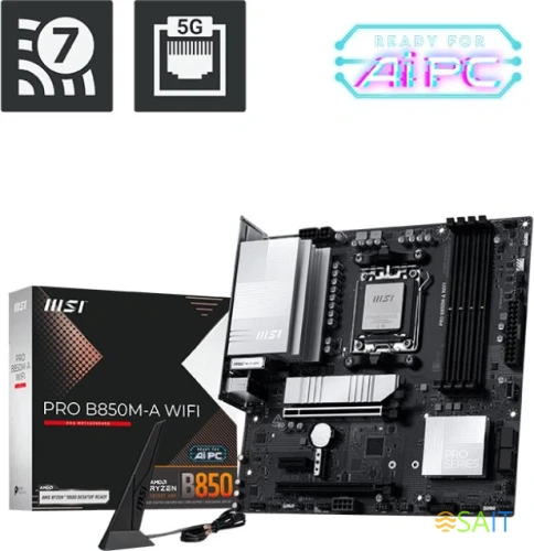 Материнская плата MSI PRO B850M-A WIFI SocketAM5 AMD B850 4xDDR5 mATX AC`97 8ch(7.1) 5Gigabit RAID+HDMI+DP