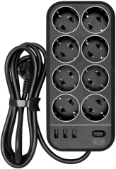 Фильтр-удлинитель PowerCom SP-08 USB03AB 3.0M, 8 розеток, черный, 16А, 4кВт, 175Дж, 3*USB, защитные шторки, защита от КЗ, перегрузки, ВЧ и импульсных помех, кабель 3x1 мм2, ШхГхВ 230х105х45 мм, вес 0.68 кг. Powercom SP-08 USB03AB 3.0M