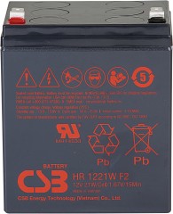 Батарея CSB серия HR, HR1221W F2, напряжение 12В, емкость 5Ач (разряд 20 часов), 21 Вт/Эл при 15-мин. разряде до U кон. - 1.67 В/Эл при 25 °С, макс. ток разряда (5 сек.) 90А, ток короткого замыкания 249А, макс. ток заряда 2.1A, свинцово-кислотная типа AGM