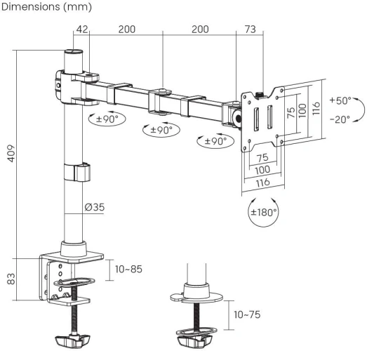 Кронштейн для мониторов Cactus CS-VM-D49-BK черный 17"-49" макс.20кг настольный поворот и наклон