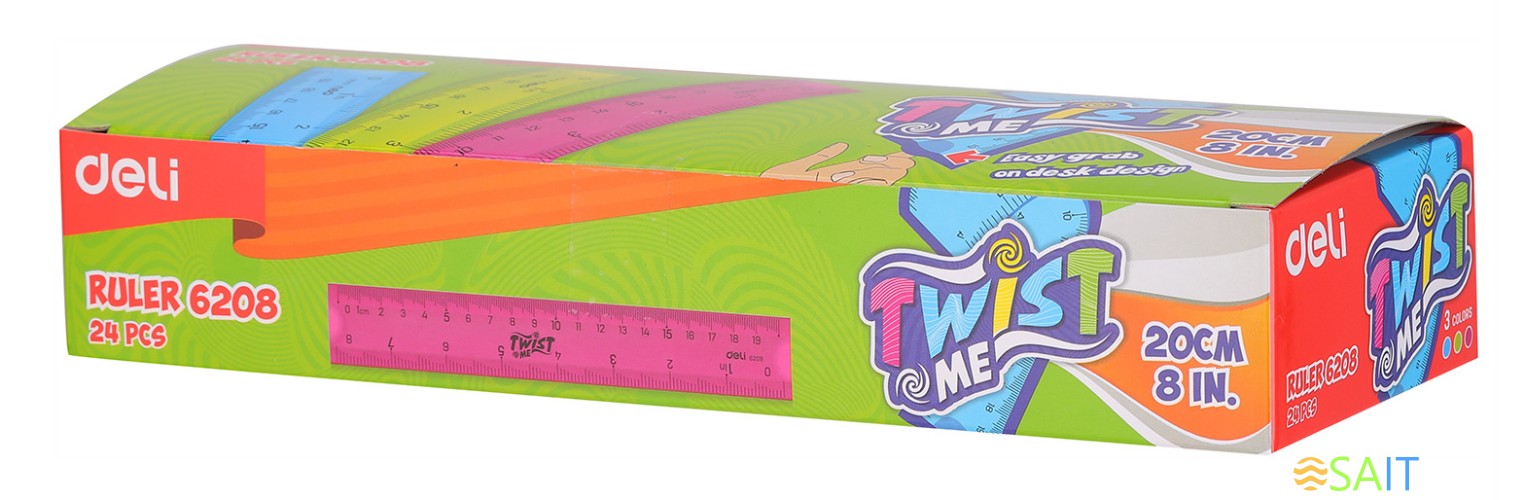 Линейка Deli E6208 пластик дл.20см ассорти гибкая/двухсторонняя шкала