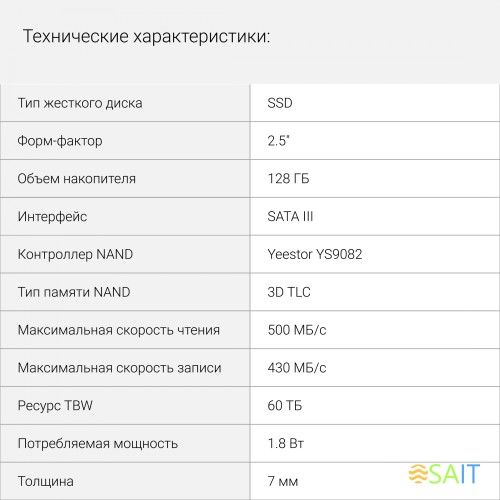 Накопитель SSD Digma SATA-III 128GB DGSR2128GY23T Run Y2 2.5"