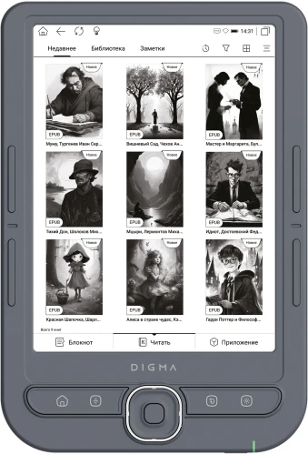 Электронная книга Digma Syne 6" E-ink HD Pearl 758x1024 600MHz 128Mb/4Gb/SD/microSDHC/подсветка дисплея темно-серый (в компл.:обложка)