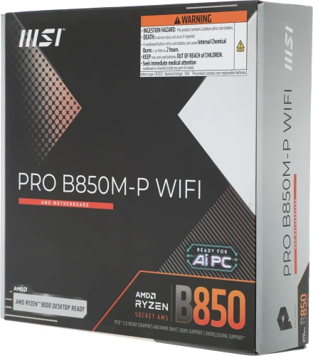 Материнская плата MSI PRO B850M-P WIFI SocketAM5 AMD B850 4xDDR5 mATX AC`97 8ch(7.1) 5Gigabit RAID+HDMI+DP