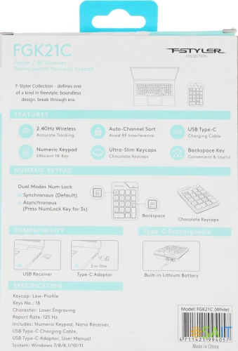 Числовой блок A4Tech FGK21C белый USB беспроводная slim для ноутбука