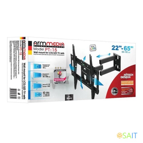 Кронштейн для телевизора Arm Media PT-15 NEW черный 32"-55" макс.35кг настенный поворотно-выдвижной и наклонный