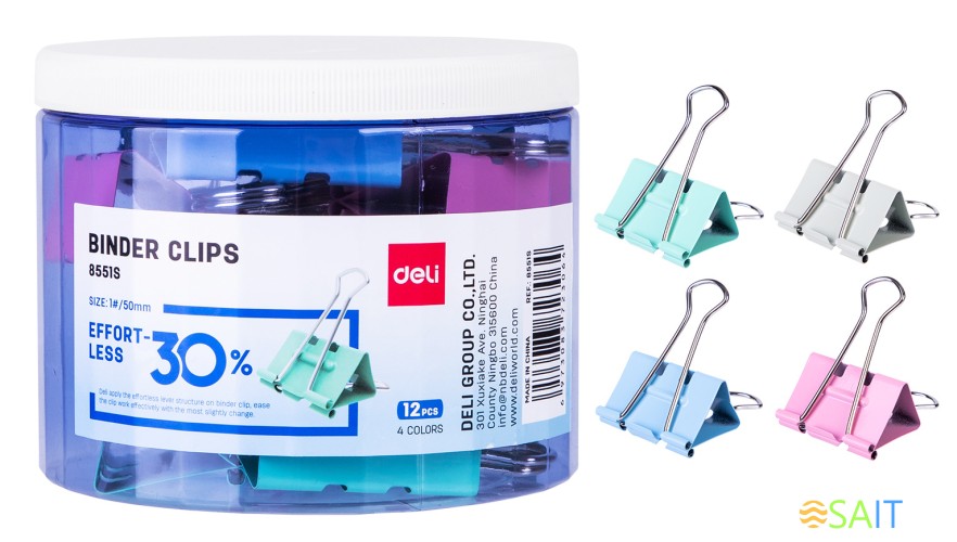 Зажимы Deli E8553S металл 32мм ассорти (упак.:24шт) пластиковая туба