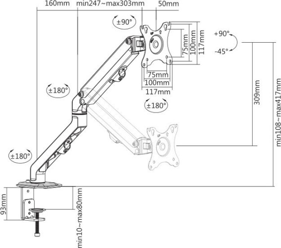Кронштейн для мониторов Ultramounts UM728 черный 17"-27" макс.7кг крепление к столешнице поворот и наклон