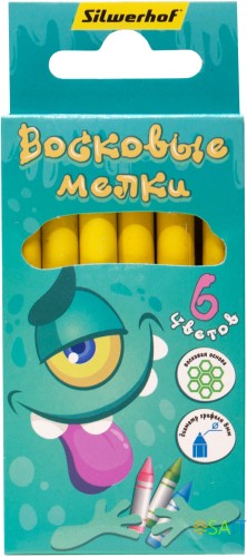 Восковые мелки Silwerhof Монстрики круглые 6цв. дл.89ммд.8мм картон.кор./европод.