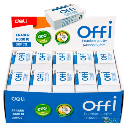 Ластик Deli EH03010 Offi 40x22x12мм ПВХ белый индивидуальная картонная упаковка