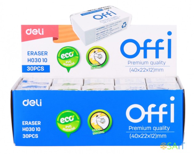 Ластик Deli EH03010 Offi 40x22x12мм ПВХ белый индивидуальная картонная упаковка