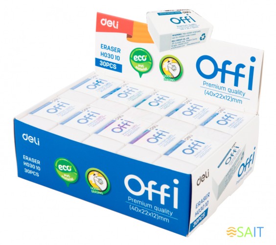 Ластик Deli EH03010 Offi 40x22x12мм ПВХ белый индивидуальная картонная упаковка
