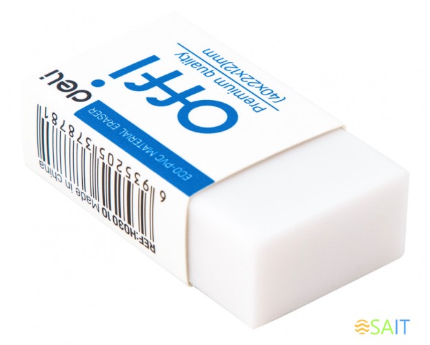 Ластик Deli EH03010 Offi 40x22x12мм ПВХ белый индивидуальная картонная упаковка