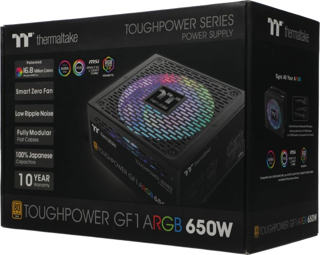 Блок питания Thermaltake ATX 650W Toughpower GF1 ARGB 80+ gold (20+4pin) APFC 140mm fan color LED 9xSATA Cab Manag RTL