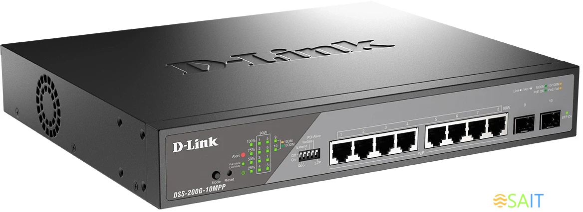 Коммутатор D-Link DSS-200G-10MPP/A1A (L2) 8x1Гбит/с 2SFP 8PoE++ 242W настраиваемый