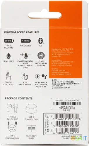 Гарнитура вкладыши Creative ZEN Air Dot черный беспроводные bluetooth в ушной раковине (51EF1120AA000)